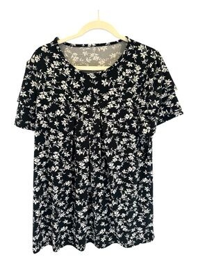 Floral Print Black White Tunic Top Stretch Lightweight Women XL